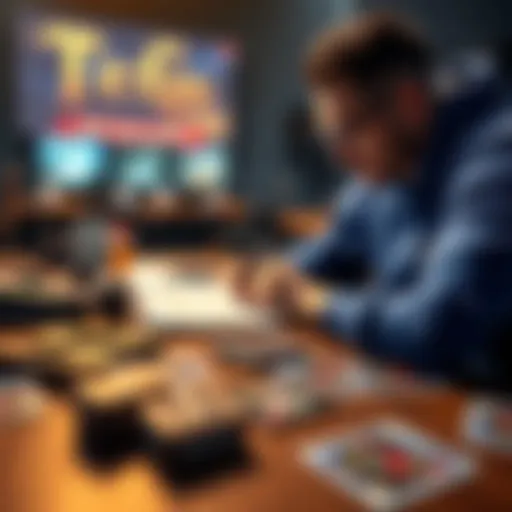 A gamer plans strategies on a tabletop with game cards and a notepad, focusing on overcoming powerful opponents.