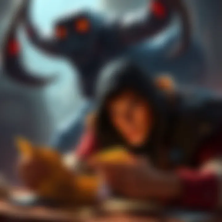 Player strategizing against Blackhorn A gamer analyzing their cards with a focused expression while Blackhorn looms in the background, representing a tough challenge