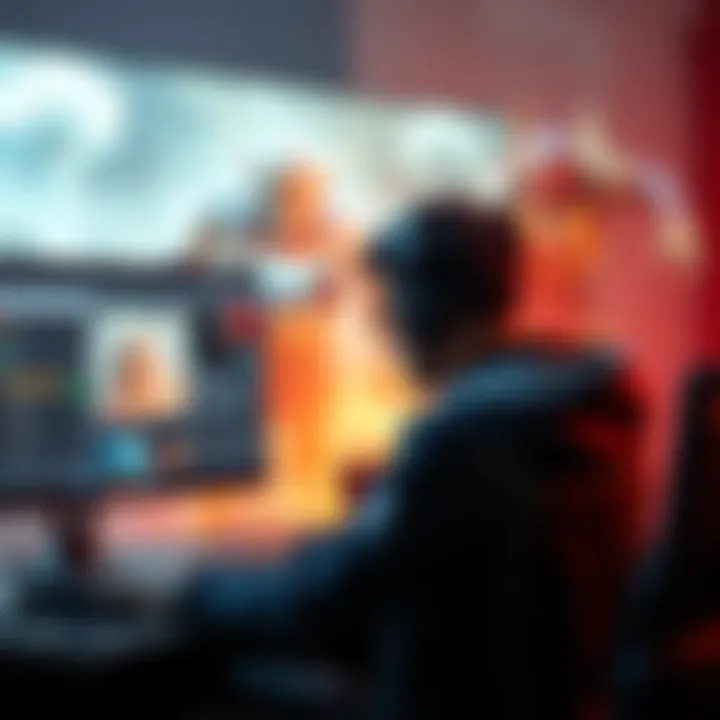 A gamer focused on a computer screen, planning strategies to defeat a tough boss in a video game, with action elements displayed on the screen.