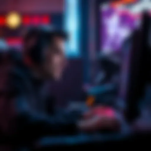 Player strategizing in a gaming environment A player intensely focused on a computer screen, studying game strategies to improve skills after long hours of gameplay.
