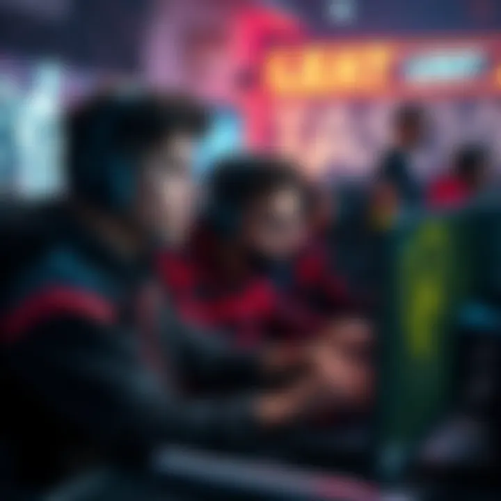 A gamer focused on the screen, analyzing tactics during gameplay, surrounded by gaming gear and a lively atmosphere