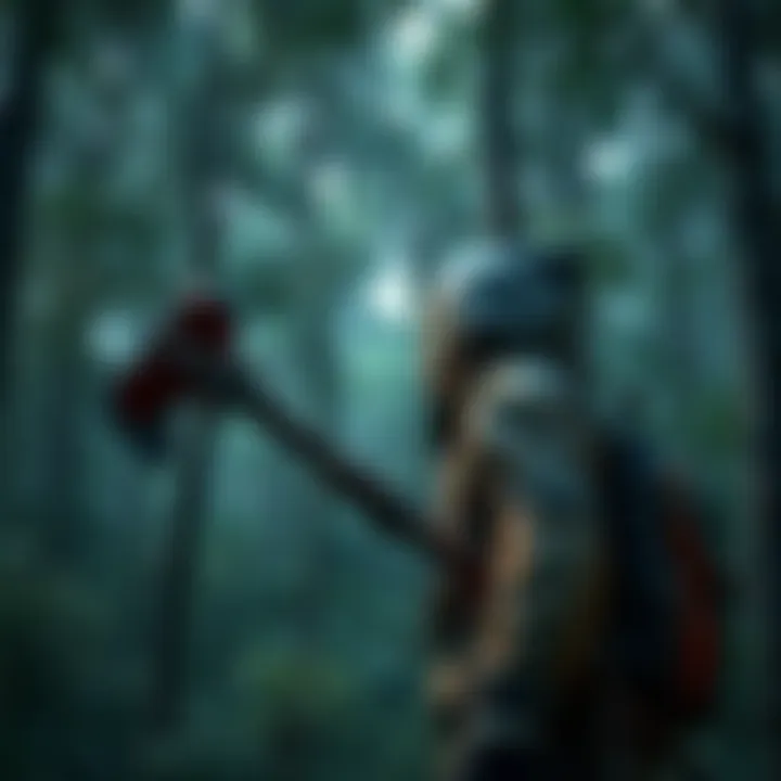 A player character holding a melee weapon in a dense forest, preparing for combat in a game setting.