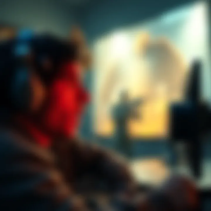 A player looks surprised while playing a horror game, focused on the screen that shows a stalker character unexpectedly approaching.