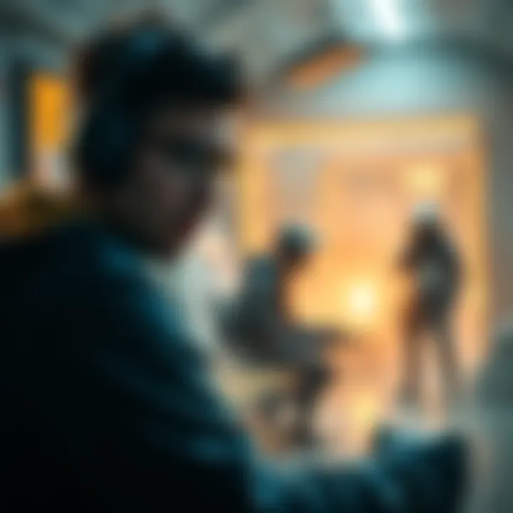 A gamer surprised by a challenge in the Minding Your Own Business quest with game elements in the background