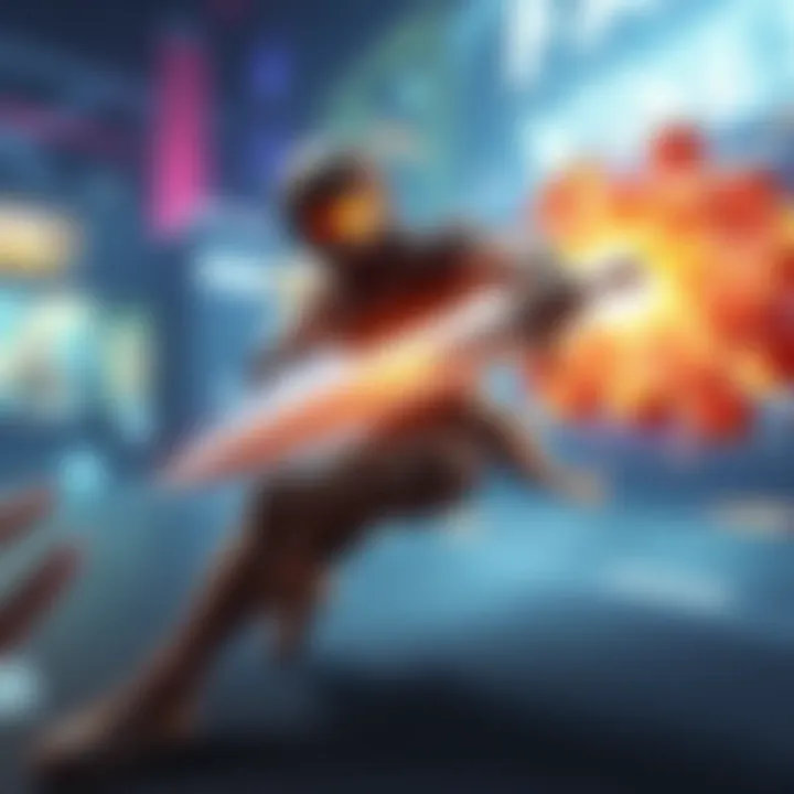 Player using sword block during phase dash A character in action, using a sword block to shield against an explosion while phase dashing in a gaming arena