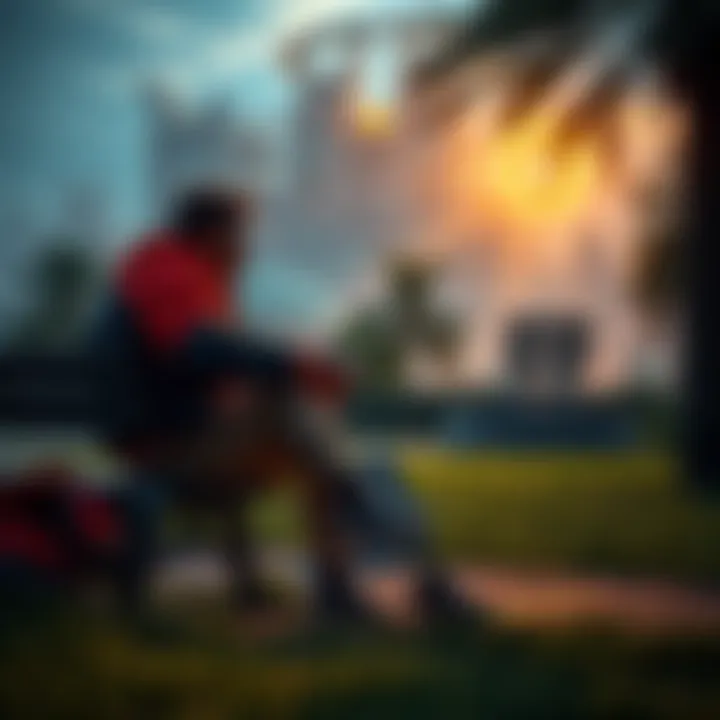 A gamer sitting on a park bench with a game controller resting beside them, looking thoughtful while the game world is faded in the background