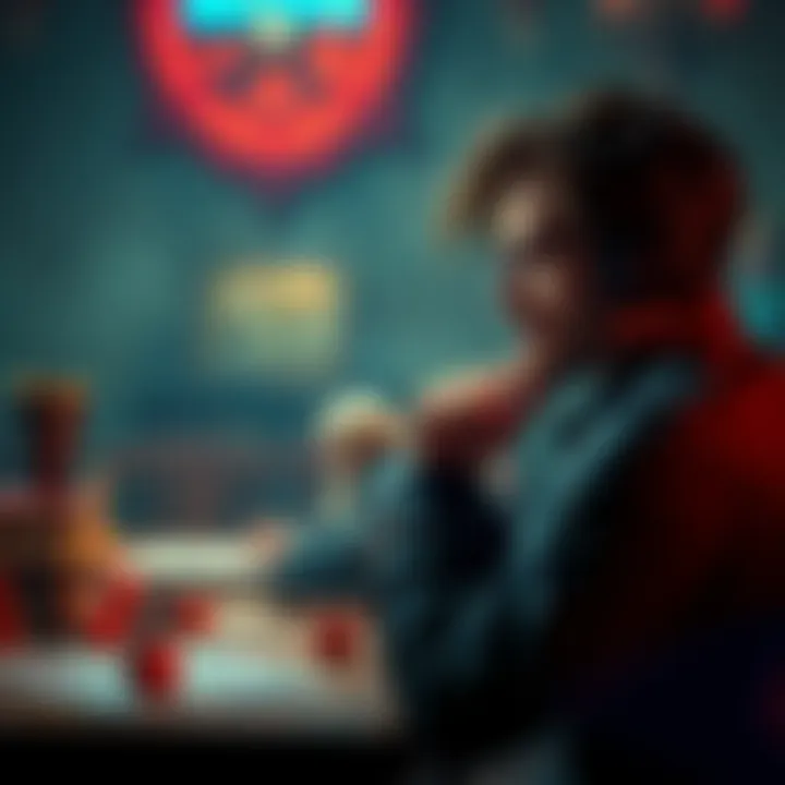 A gamer contemplating character choices in a role-playing game setting, surrounded by dice and character sheets