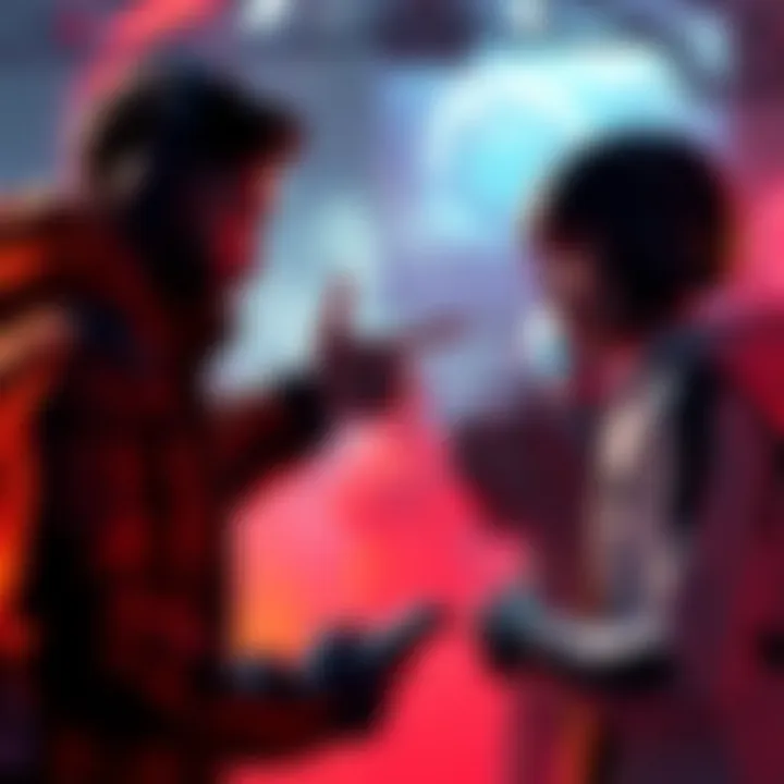 Player Threatening Another in Game An intense gaming scene where one player makes a threatening gesture toward another. Tension fills the atmosphere as they prepare for confrontation.