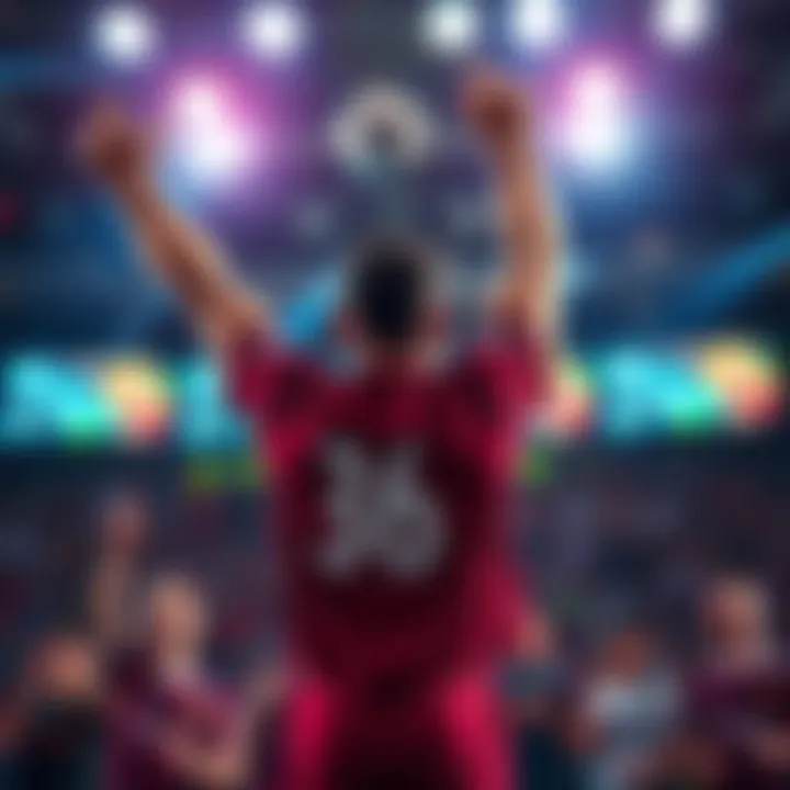 A ranked player raises their arms in triumph after defeating Balise in a competitive match, with bright lights and a cheering crowd in the background.