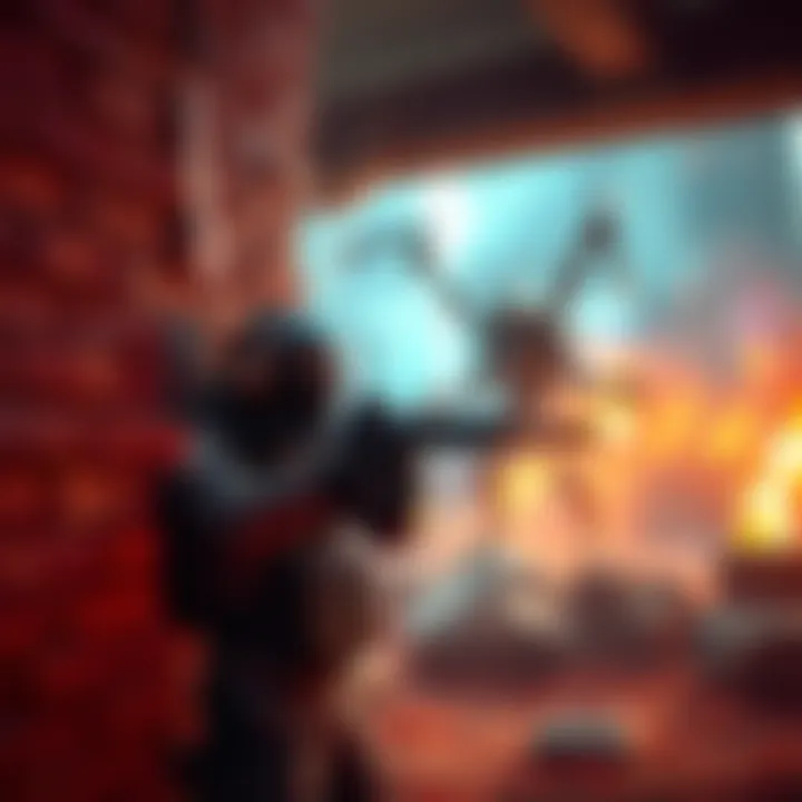 Player using wallbang tactics A gamer position behind a wall, aiming and shooting at a monster, showing a tactical setup for wallbang strategies.