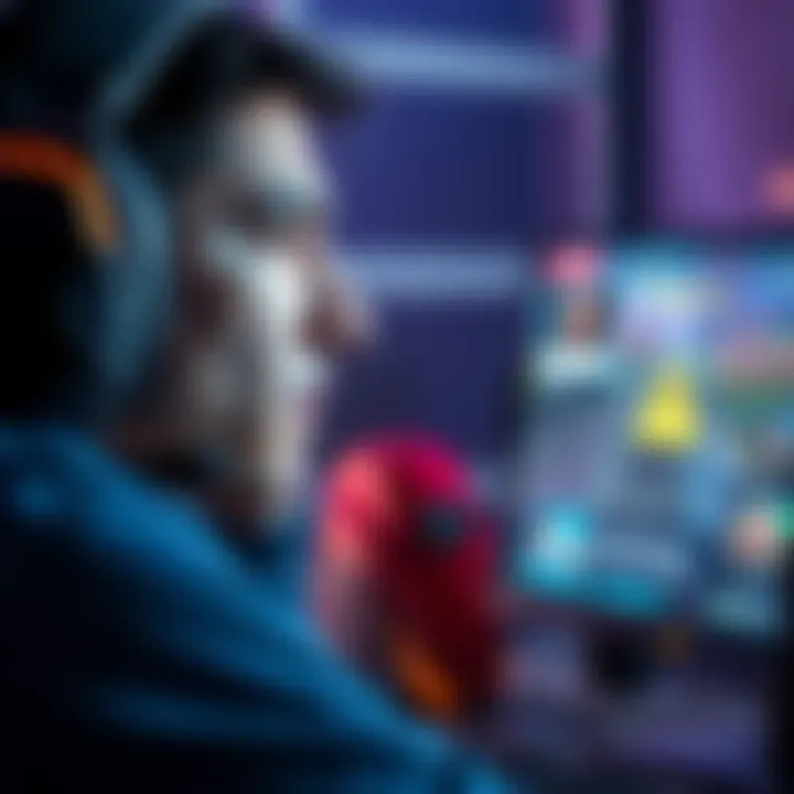 A gamer looking at a screen with a concerned expression, showing a competitive game interface and a warning symbol