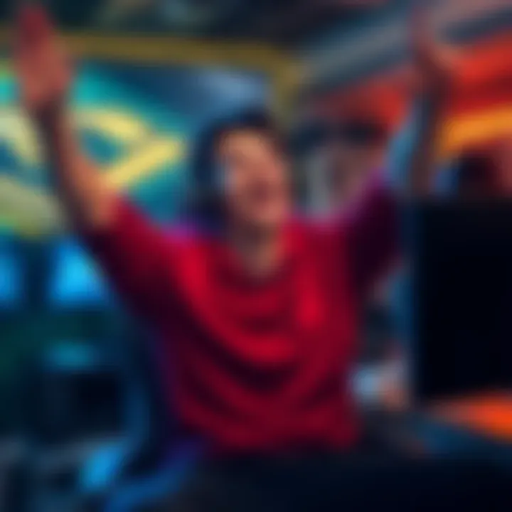 A gamer celebrating reaching Diamond 1 rank in a competitive game, showing excitement and joy with a gaming setup in the background.