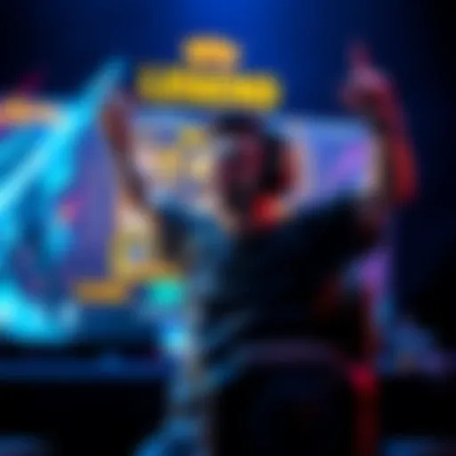 Player Achieving Legend Status A gamer celebrating reaching Legend rank with a triumphant pose in front of a game screen displaying their rank.