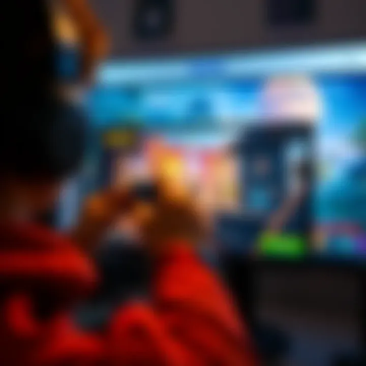 Player Adjusting FOV Slider A gamer is adjusting the field of view slider on their screen, showing a vibrant game scene in the background.