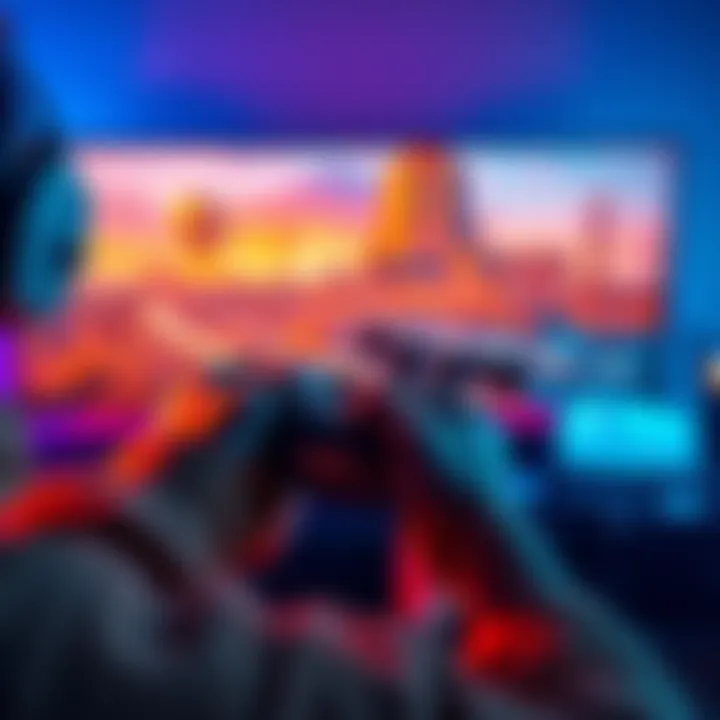 A gamer focuses on aiming in Horizon Forbidden West using a controller while playing on a large screen