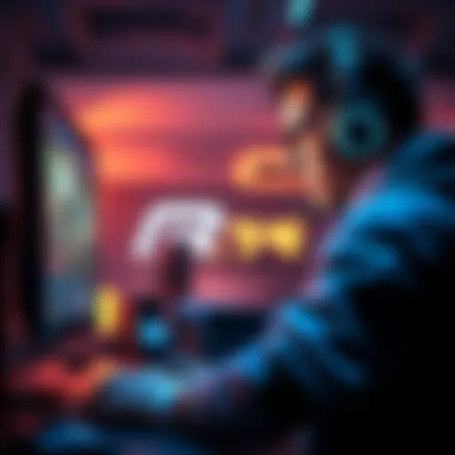 A gamer focused on a computer screen, showing intense gameplay in a competitive environment