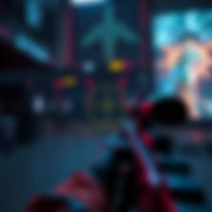 A gamer focuses on targeting in a first-person shooter game, showcasing the aiming mechanics with a crosshair on the screen