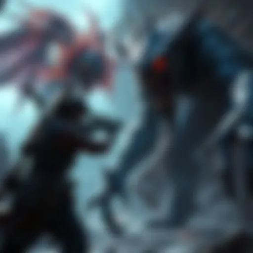 A skilled gamer in a dark fantasy setting, using free aiming technique against a fierce monster without the lock-on feature.