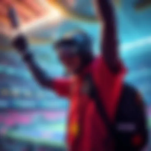 Player in gaming gear celebrates reaching All Star status in a vibrant stadium