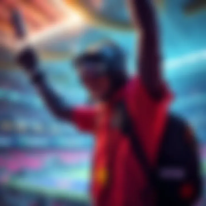 Player in gaming gear celebrates reaching All Star status in a vibrant stadium