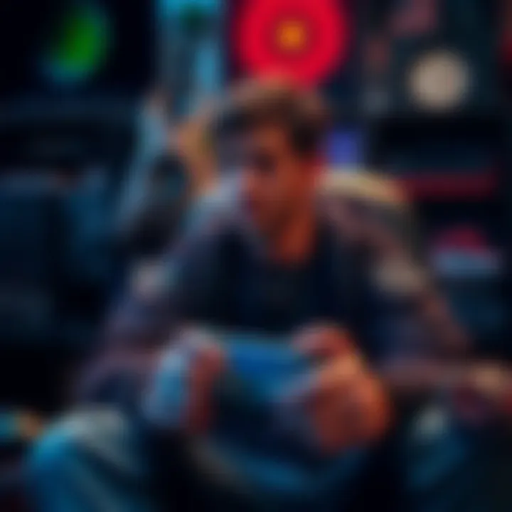 A player expressing remorse for gameplay decisions, looking thoughtful with a controller in hand, surrounded by gaming paraphernalia.