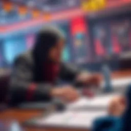 A tabletop game scene showing a player upset over character gear rules, with dice and character sheets on the table.