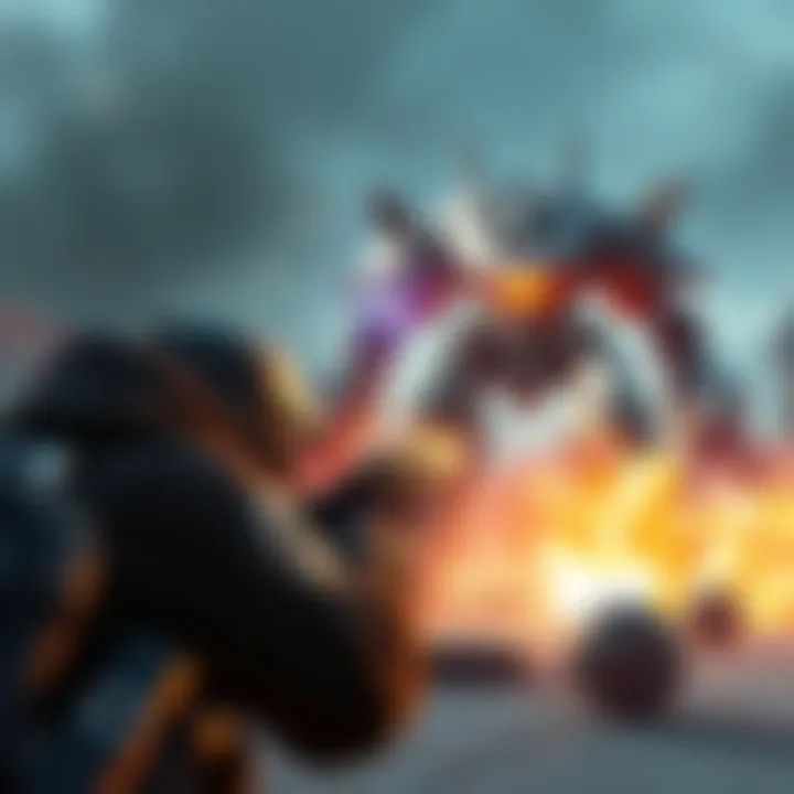 A player character aiming and shooting at The Shredder, a robotic enemy, in a dynamic gaming scene with explosions and cover.