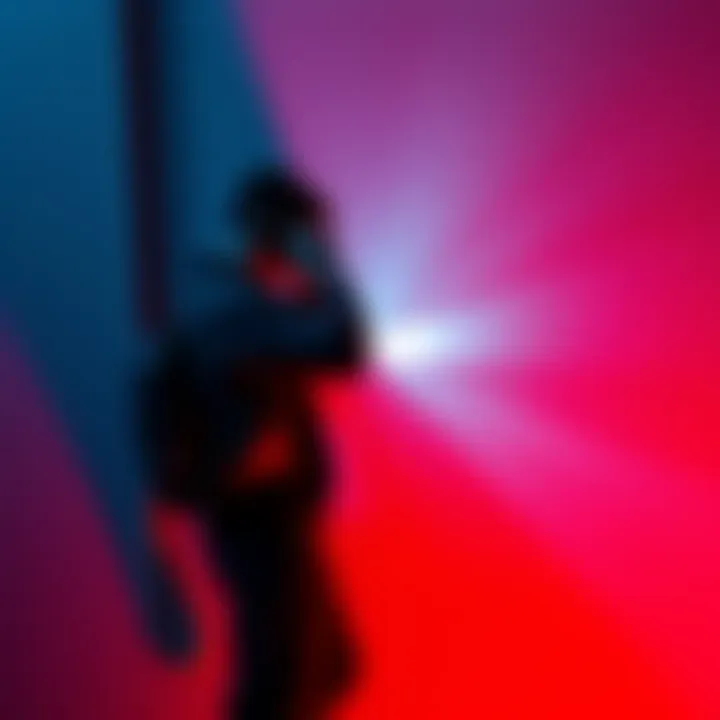 A player stands against a wall, trying to shield themselves from a flashlight's brightness while gaming, showing tension and focus.