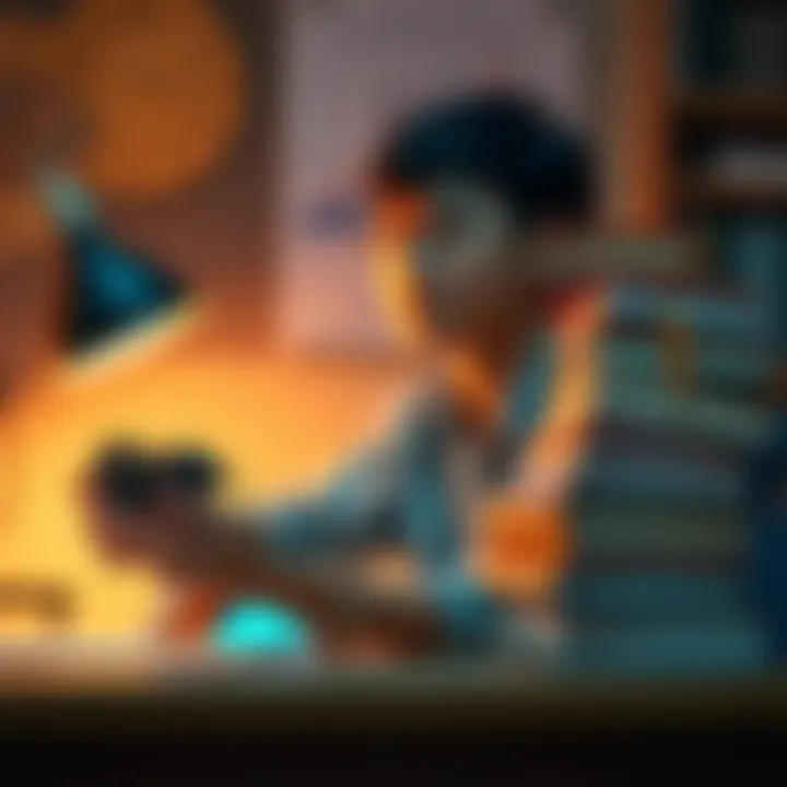 A teacher sits at a desk with a game controller in one hand and a stack of books in the other, symbolizing time management between gaming and responsibilities.