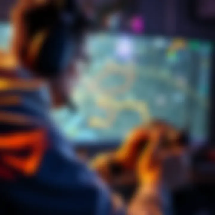 Gamer focusing on screen while playing a battle royale game, with maps and strategies visible