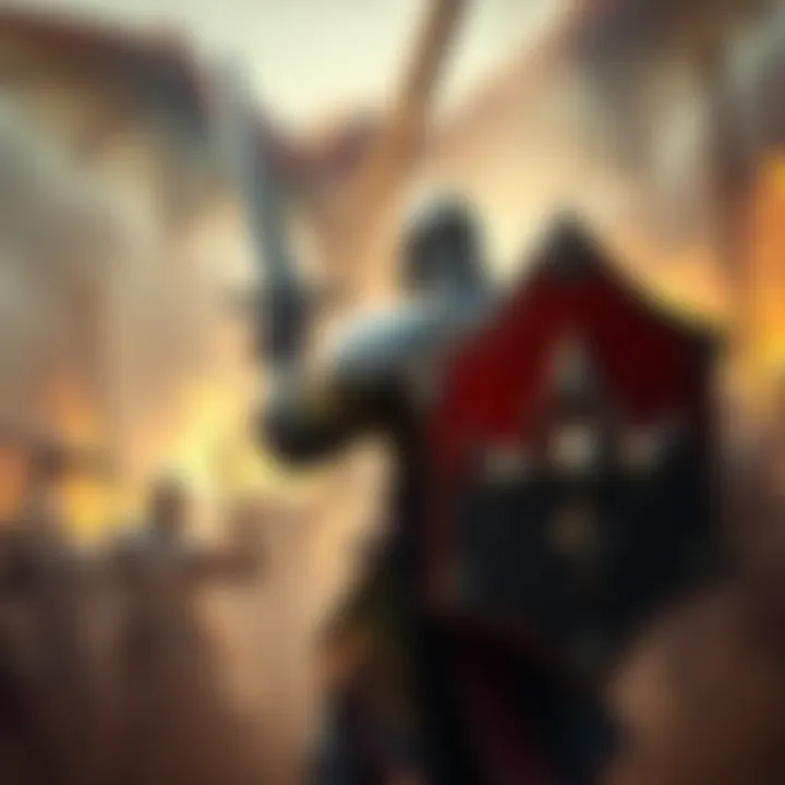 A character in armor holding a sword and shield, facing a group of monsters to draw their attention away from teammates.