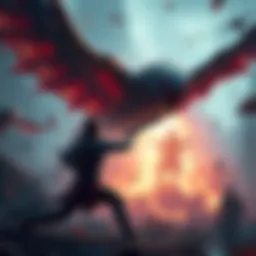 A gamer using a melee weapon to fight against a large, flying creature in a video game setting