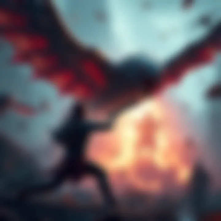 A gamer using a melee weapon to fight against a large, flying creature in a video game setting