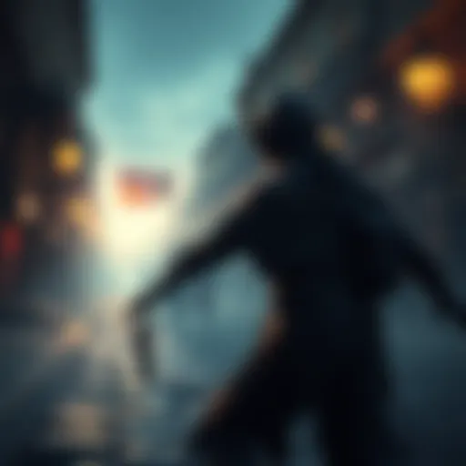 A player in a dark town, using a weapon to fight off invisible enemies, with hints of glowing areas and shadows around them