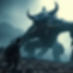 A gamer battling a giant, menacing creature in a dark landscape, highlighting the intense challenge of facing an unbeatable threat in a video game.