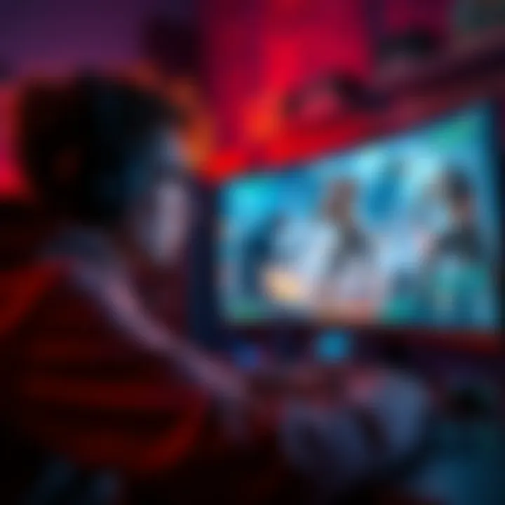 A gamer intensely focused on a PvP battle on the screen, showcasing frustration and determination, surrounded by gaming setup