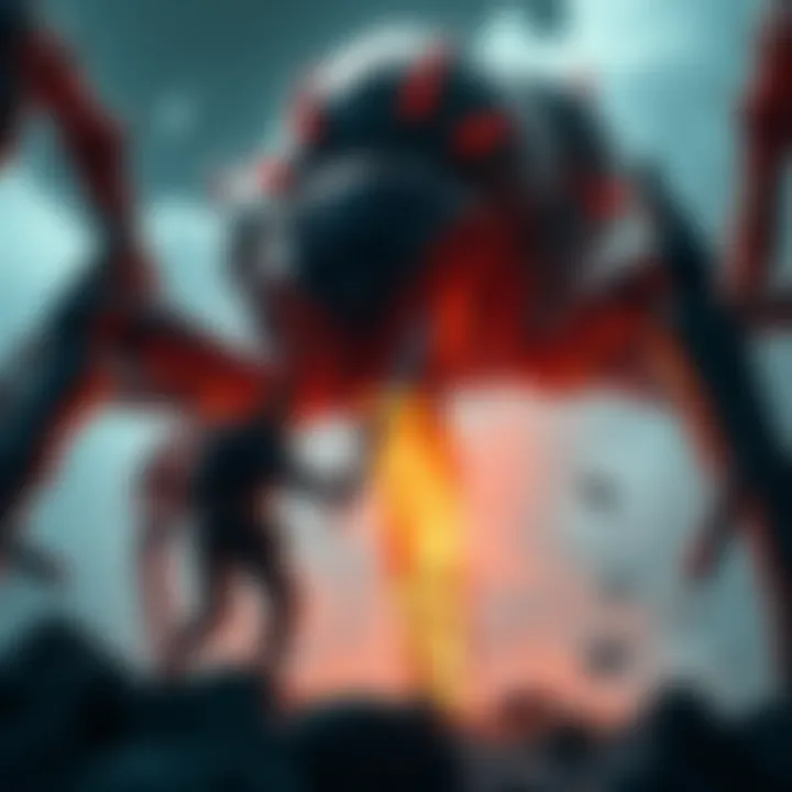 A player faces off against a giant spider boss in the game Cogah, sword drawn, with tense expressions on both sides.