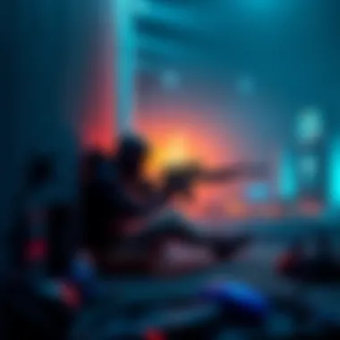 A gamer sitting in a corner with a sniper rifle, waiting for opponents in a battle royale game setting
