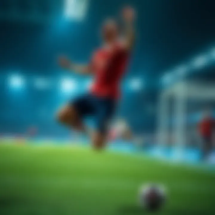 An athlete jumps in excitement after scoring a goal in a soccer match, showcasing joy and achievement.