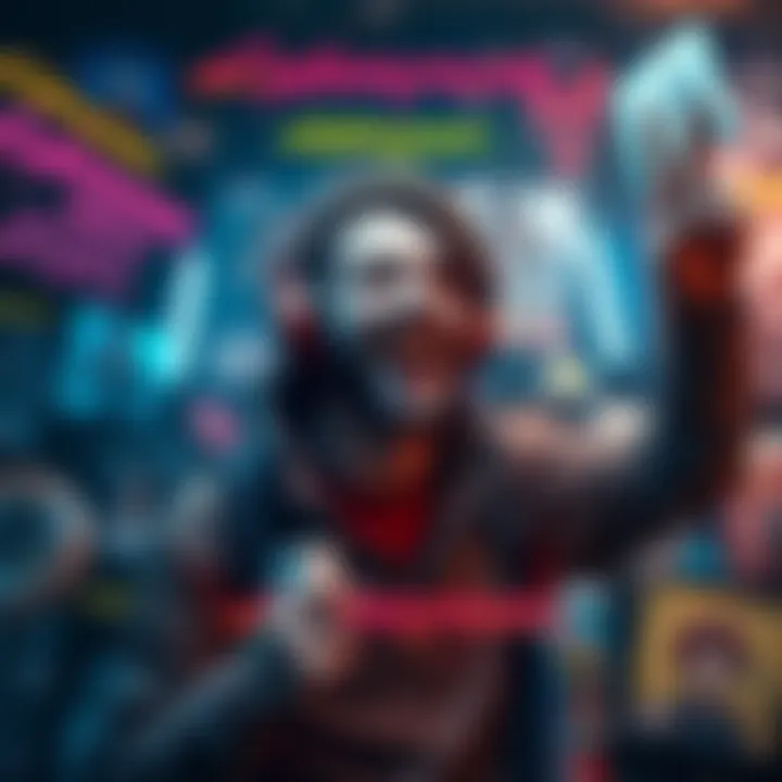 A dedicated player with a joyful expression, surrounded by Cyberpunk 2077 game posters and merchandise, celebrating the game's success