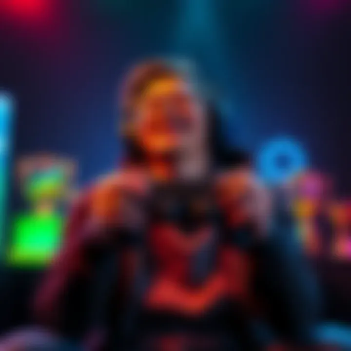 A joyful player holding a gaming controller, reflecting on their five-year journey in gaming. The background shows gaming trophies and achievements.