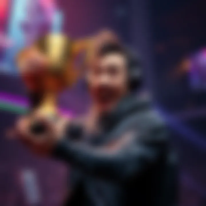 A joyful gamer holding a trophy, celebrating their first mythic achievement after years of dedication to the game.