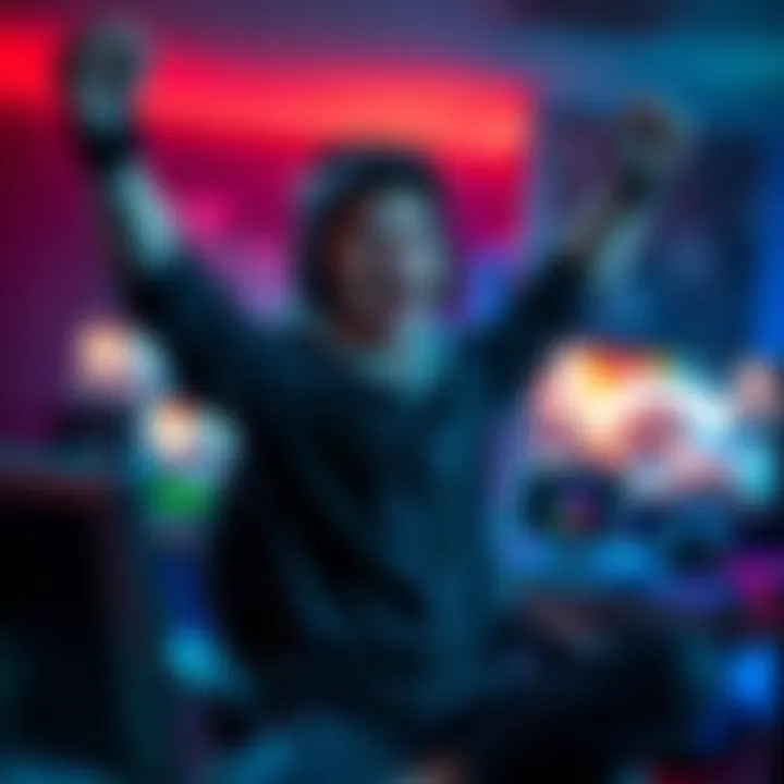A gamer joyfully celebrating their achievement of reaching 4k performance in a video game, with a gaming setup in the background.