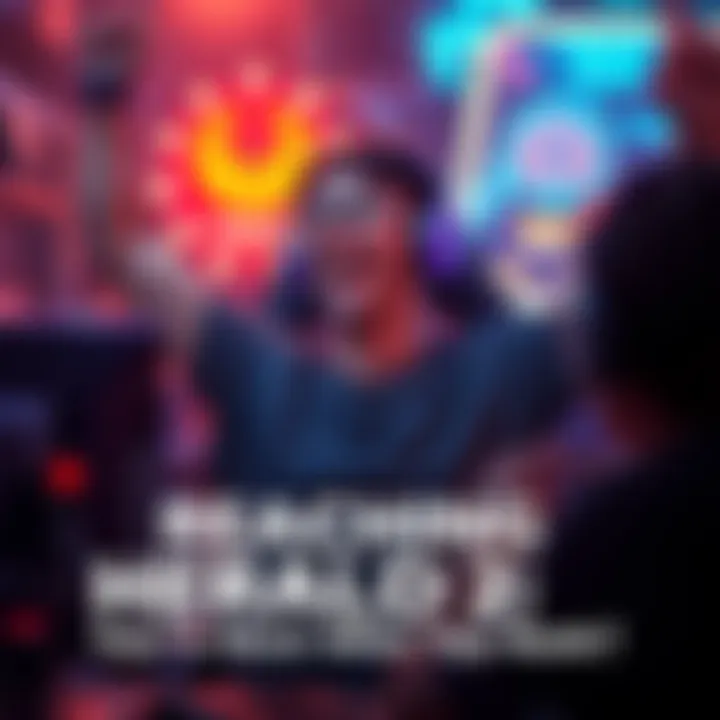 Player Celebrating Achievement A gamer celebrating reaching Herald 2 rank, with a big smile and gaming setup in the background.