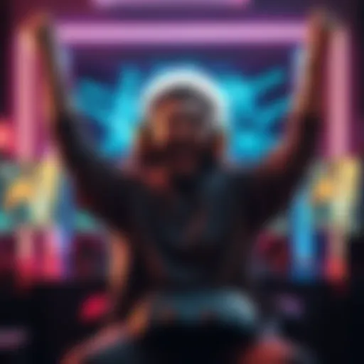 Player Celebrating Gaming Achievement A player celebrating after completing all goals in a video game, displaying joy and satisfaction with a gaming setup in the background.