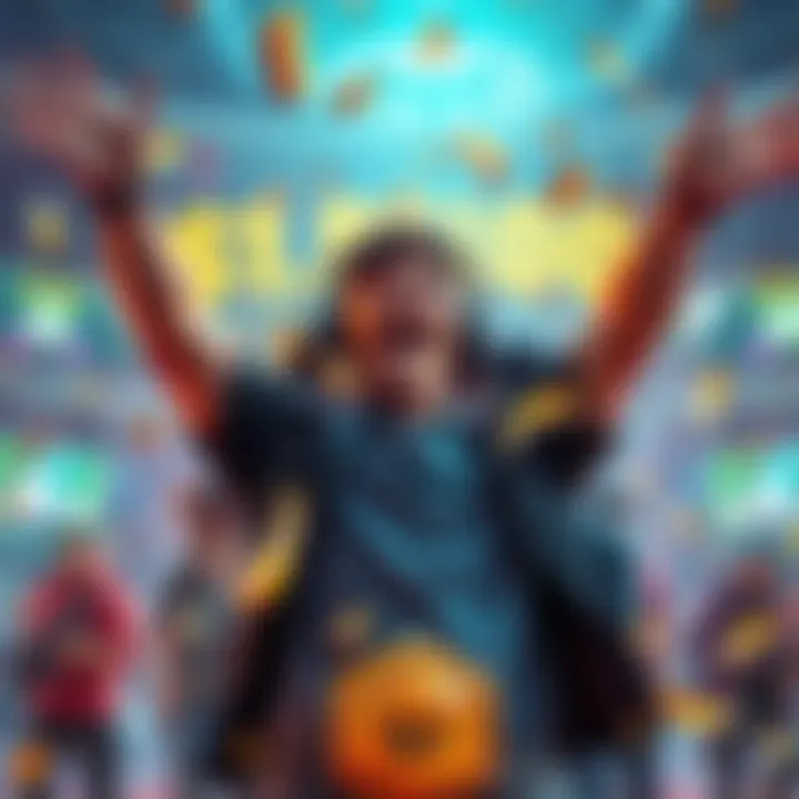 Player Celebrating $1 Billion Win A player excitedly celebrating their $1 billion win in The FINALS, surrounded by digital graphics and in-game elements, showcasing a gaming victory