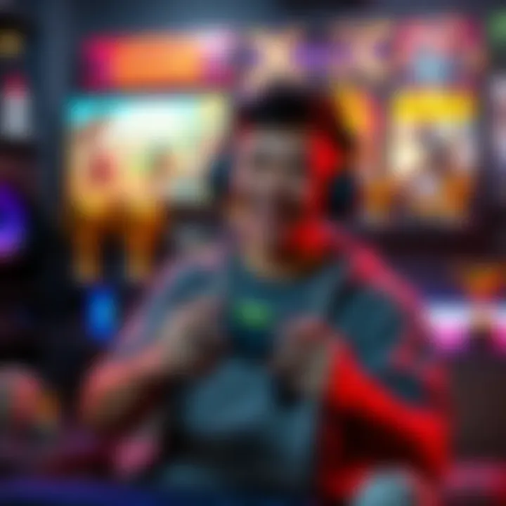 A gamer smiles while holding a controller, celebrating finishing a game for the first time, surrounded by colorful game posters and trophies.