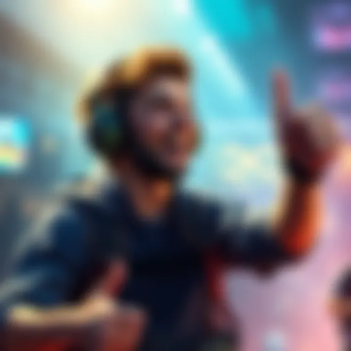 A gamer celebrating after finishing a mission in a video game, with a joyful expression and thumbs up gesture.