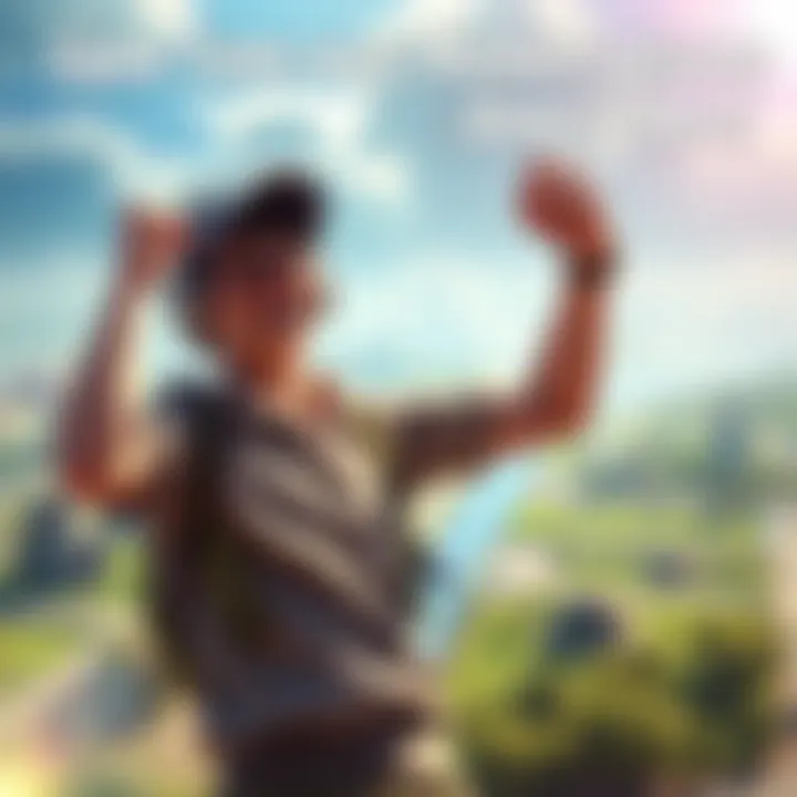 A joyful gamer celebrating after finishing a mission in an engaging open-world game, surrounded by virtual landscapes and bright graphics.