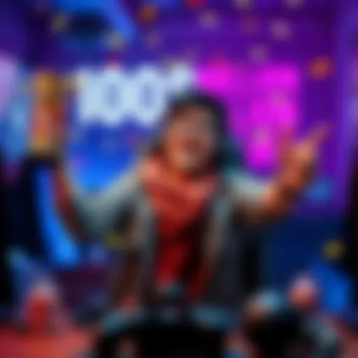 A gamer joyfully holds a trophy while surrounded by gaming gear, celebrating their achievement of reaching 100 million points in a video game.